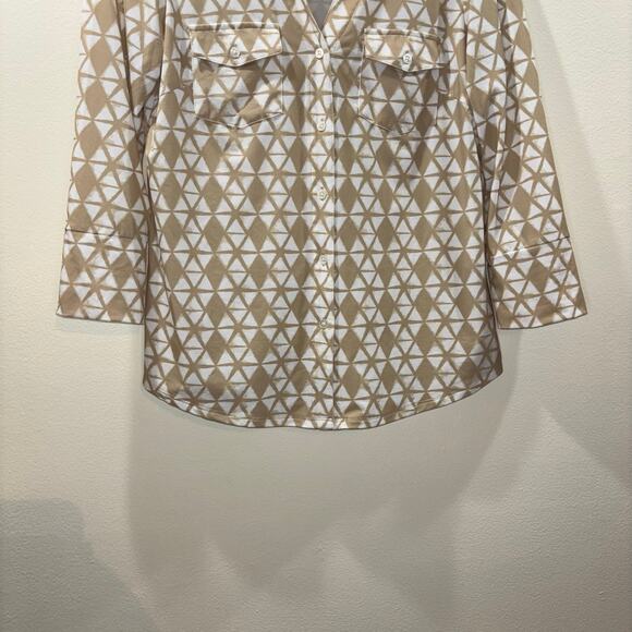 J McLaughlin Brynn Button Down 3/4 Sleeve Top- Tan and White Size XS - Picture 7 of 11